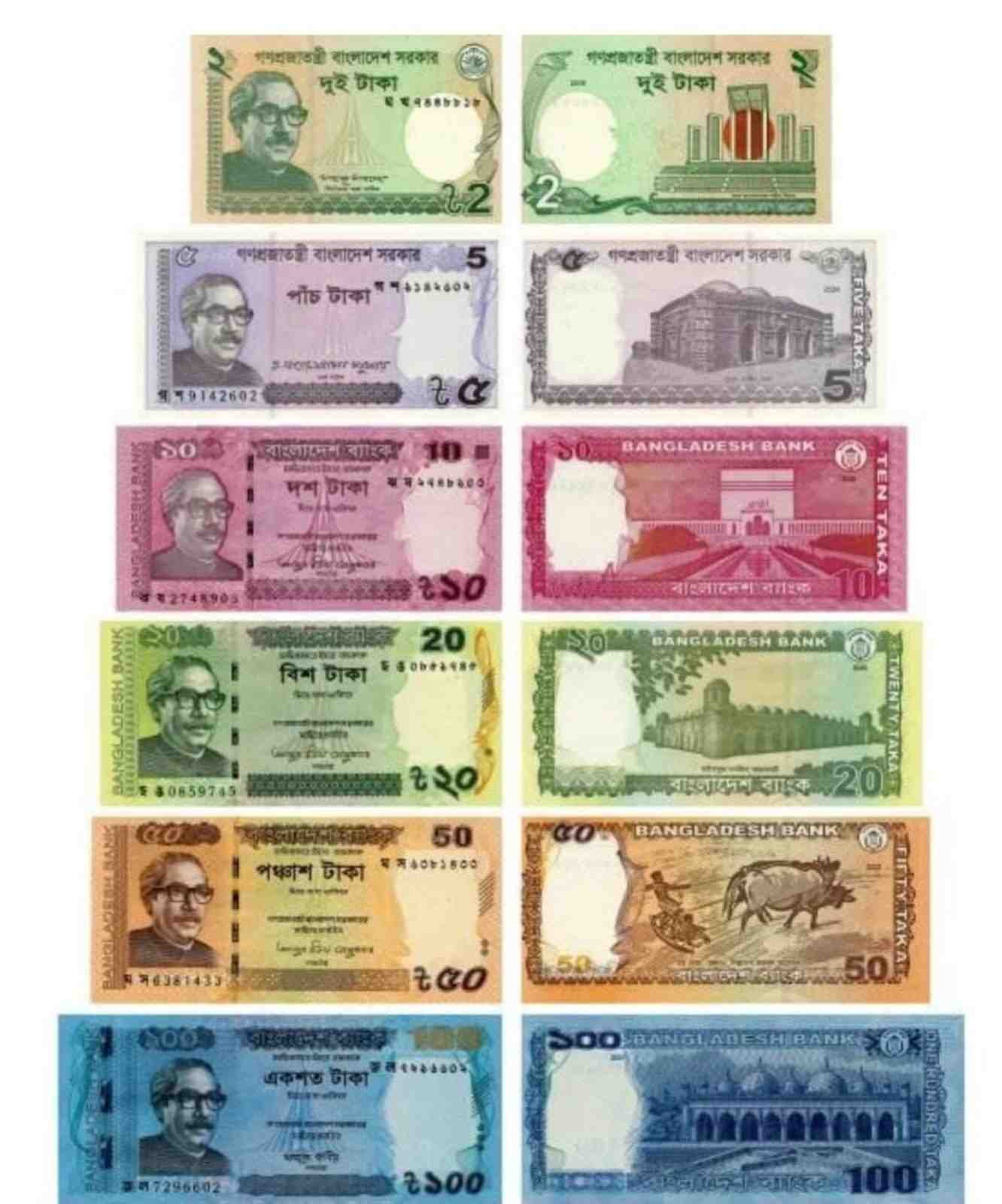 Bangladesh 2,5,10,20,50,100 Taka Mixed Year Set of 6 UNC Bank Notes